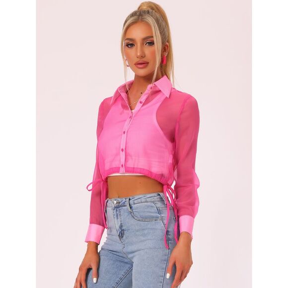 See Through Top Long Sleeve Button Down Cropped Jacket Hot Pink - Picture 3 of 5